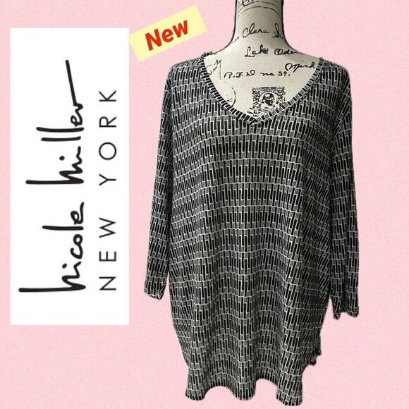 😍NICOLE MILLER BLOUSE SIZE XXL 100% Linen Black white v neck Stunning aesthetic - Picture 1 of 8